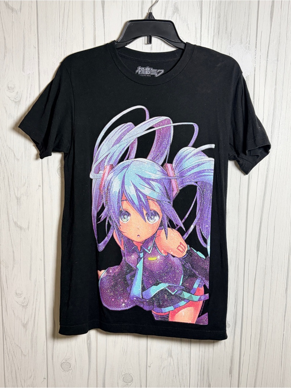 Hatsune Miku Jumbo Portrait Glitter T-Shirt 100% Cotton Black, Adult Small